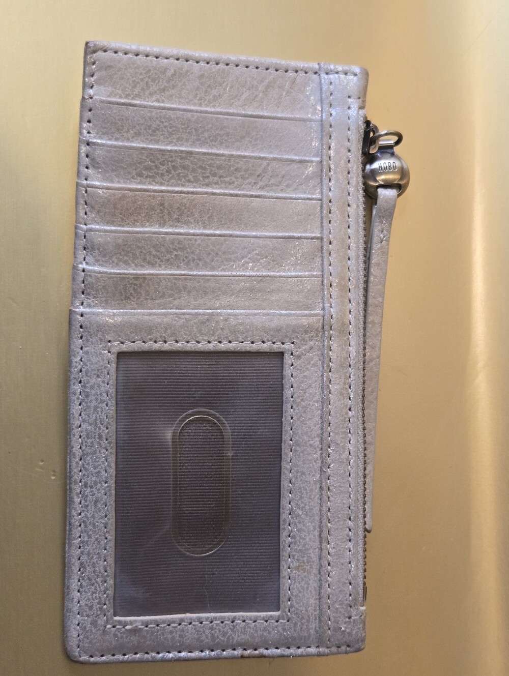 Hobo Metallic Gold Leather Card Case Wristlet Wallet Zip Pouch ID Window 7x3.5